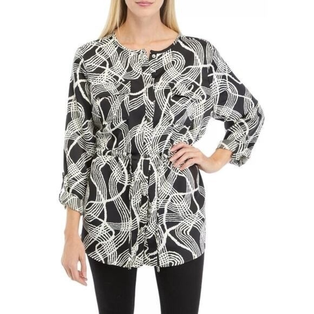 Abstract Print Satin Charmeuse‎ Top Black White Ruby Rd Size XL